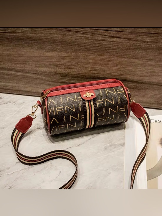 Oem Handbags - Monogram Bee Accent Barrel Crossbody Bag - Red /Brown NIP